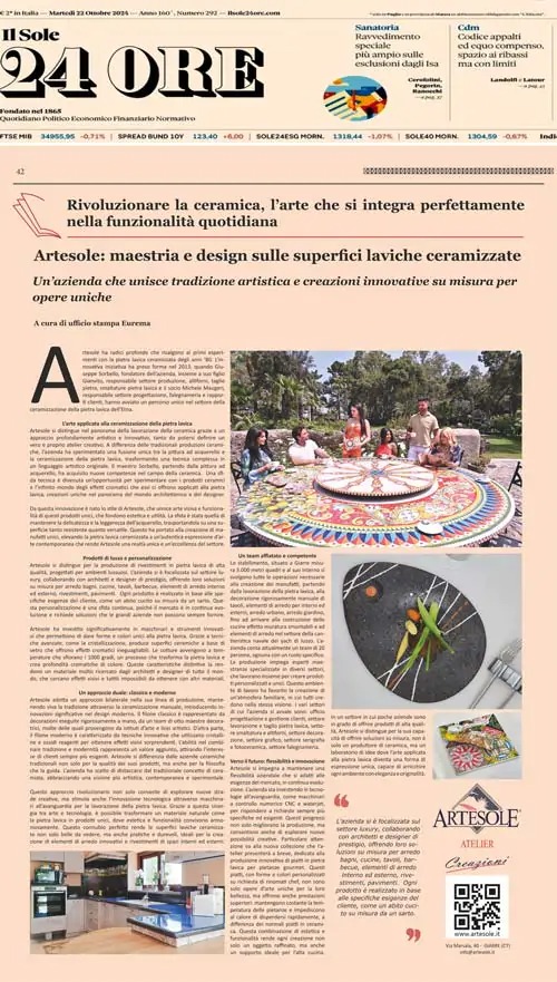 Article Il Sole 24 Ore about lava stone tables on glazed volcanic surfaces